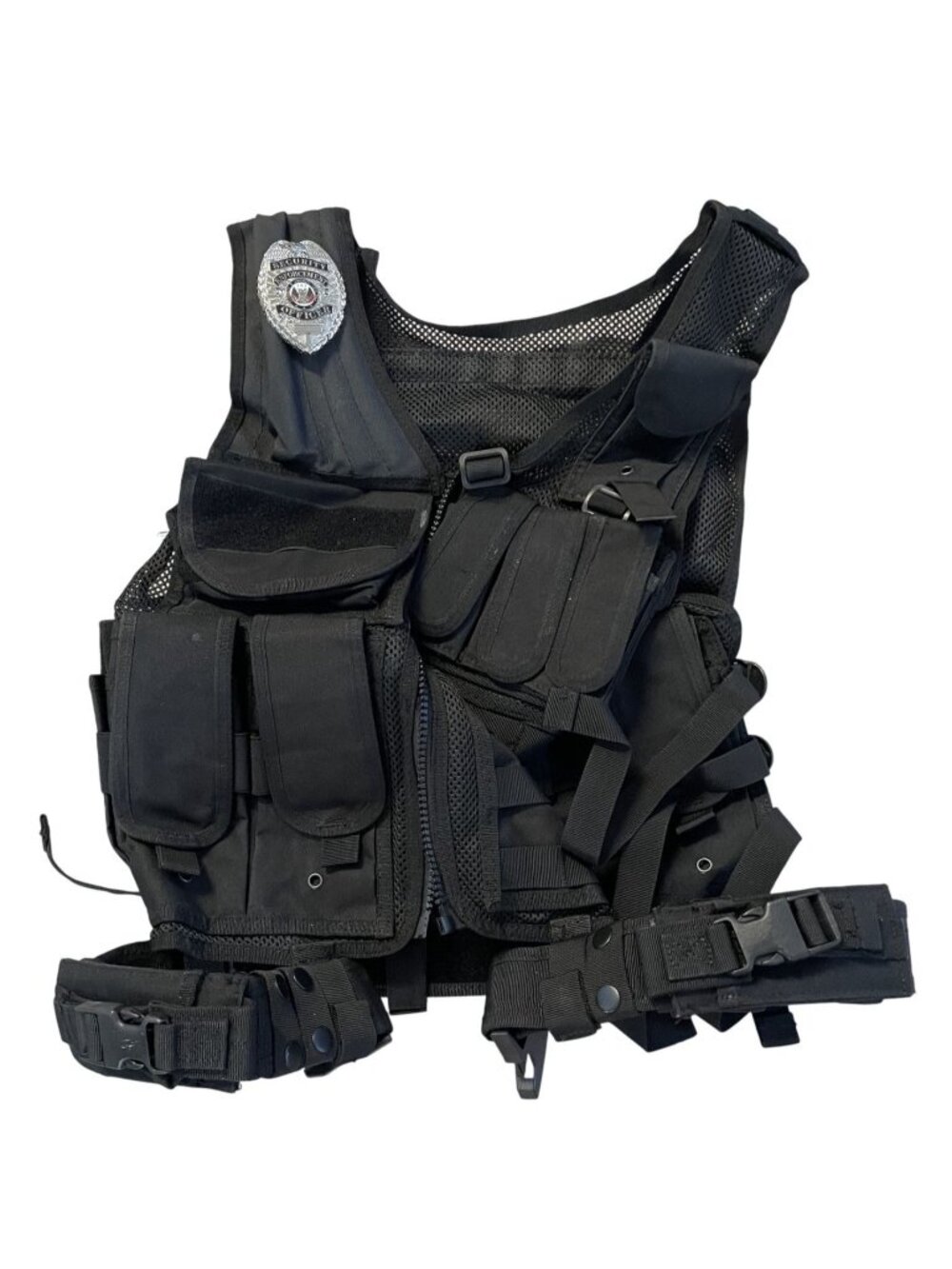 Security Tactical Vest With Badge Adjustable Utility Pockets Zippered Front